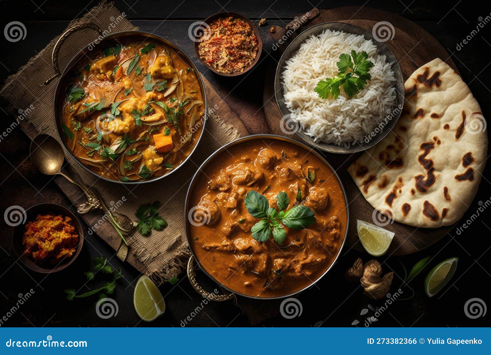 Assorted Indian Curry and Rice Dishes. Illustration AI Generative Stock