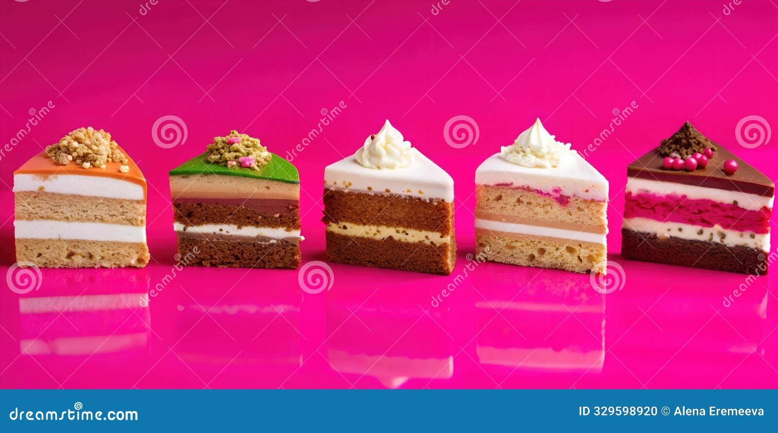 assorted large pieces of different cakes with nuts, berries, whipped cream. pieces of striped cakes on a bright pink glossy