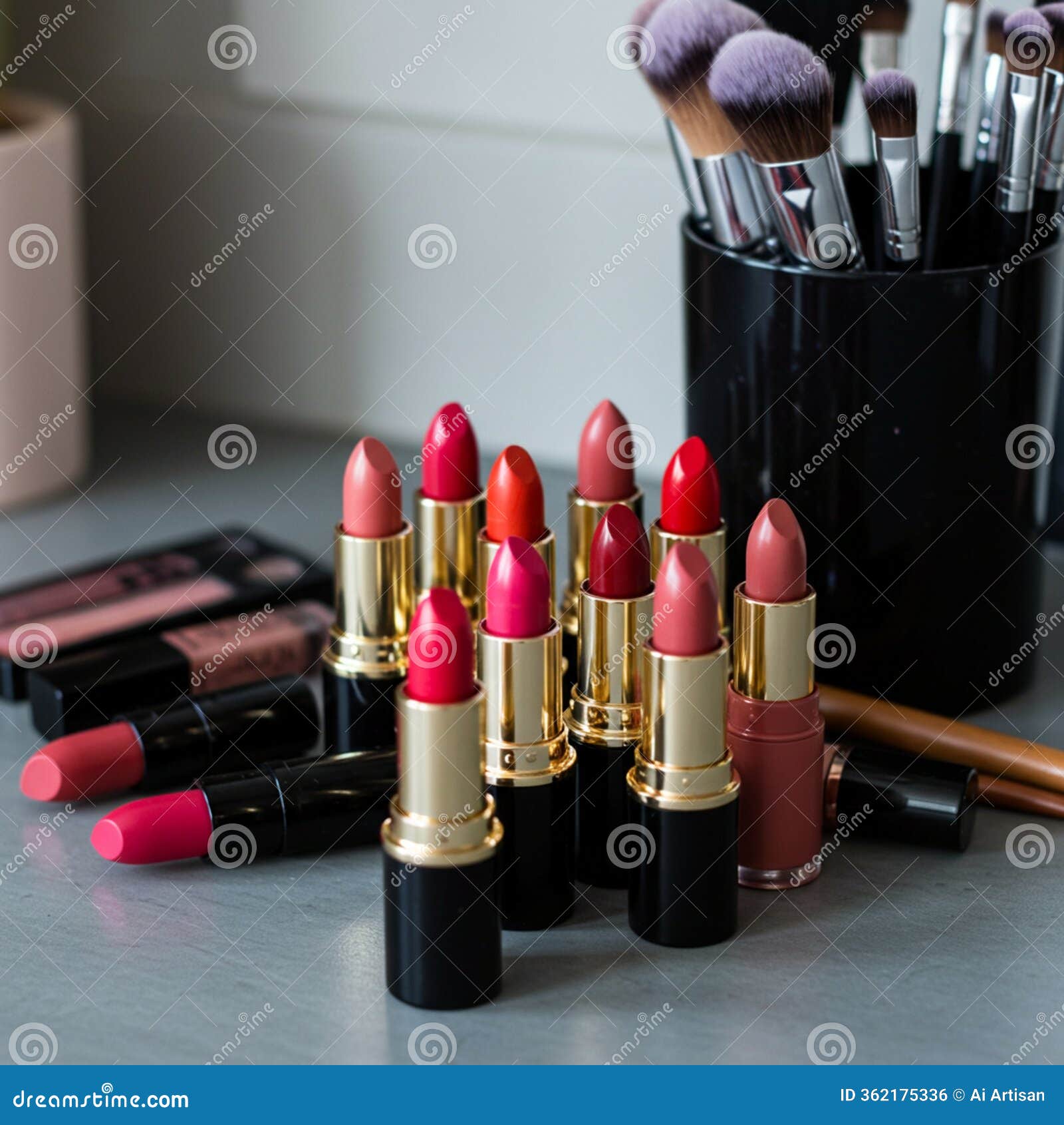 assorted lipsticks in vibrant shades are arranged upright on a gray surface