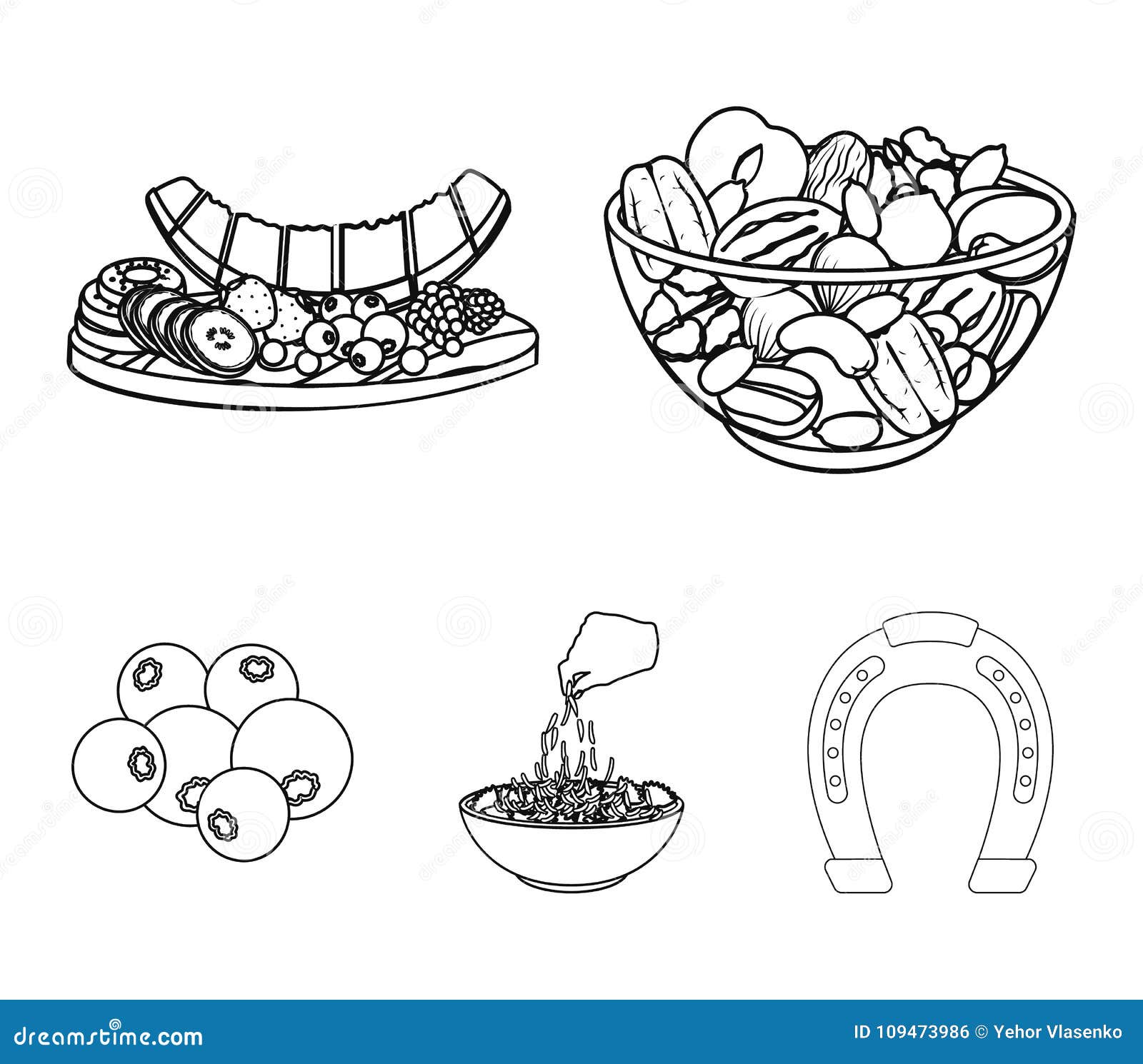assorted nuts, fruits and other food. food set collection icons in outline style   stock  web.