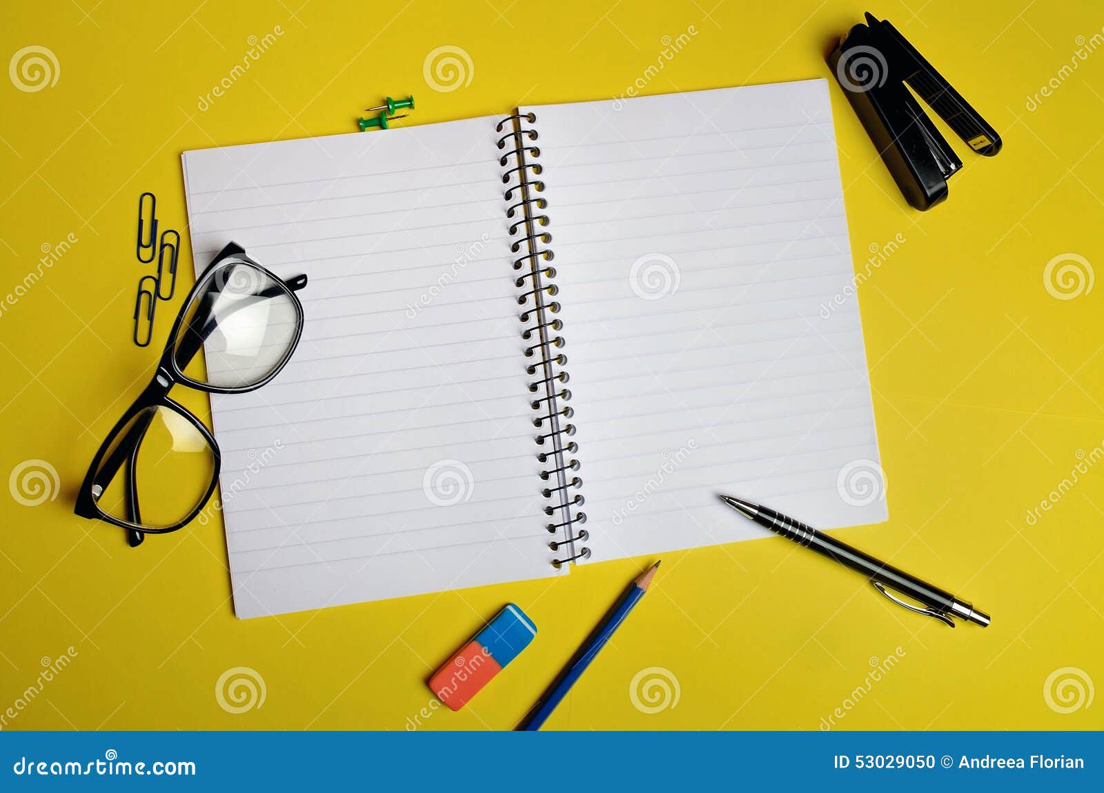Assorted office supplies stock photo. Image of notebook 53029050