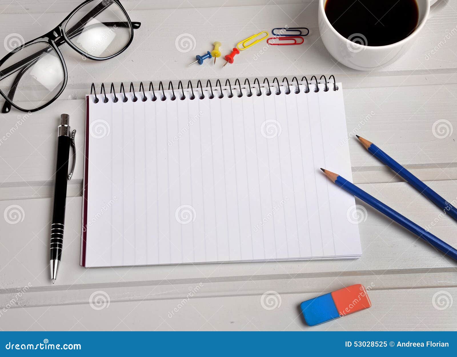 Assorted office supplies stock image. Image of list, book 53028525