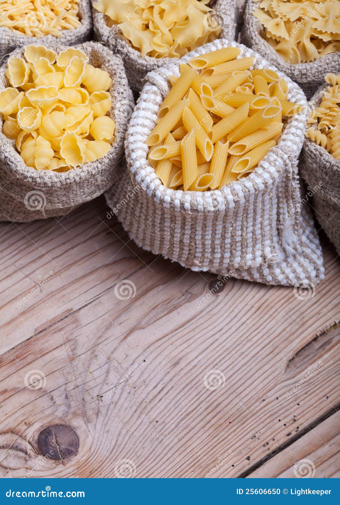 Assorted Pasta in Burlap Bags Stock Photo Image of noodles