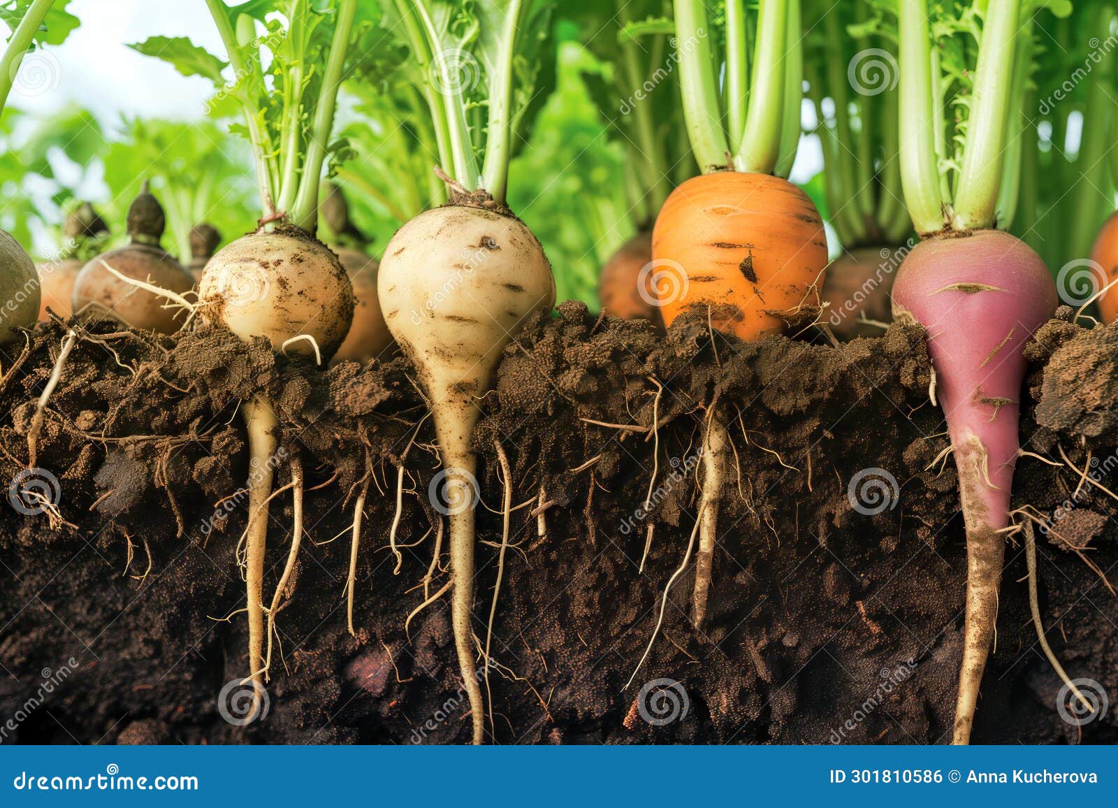 Assorted Root Vegetables in Soil, Organic Farming Stock Illustration