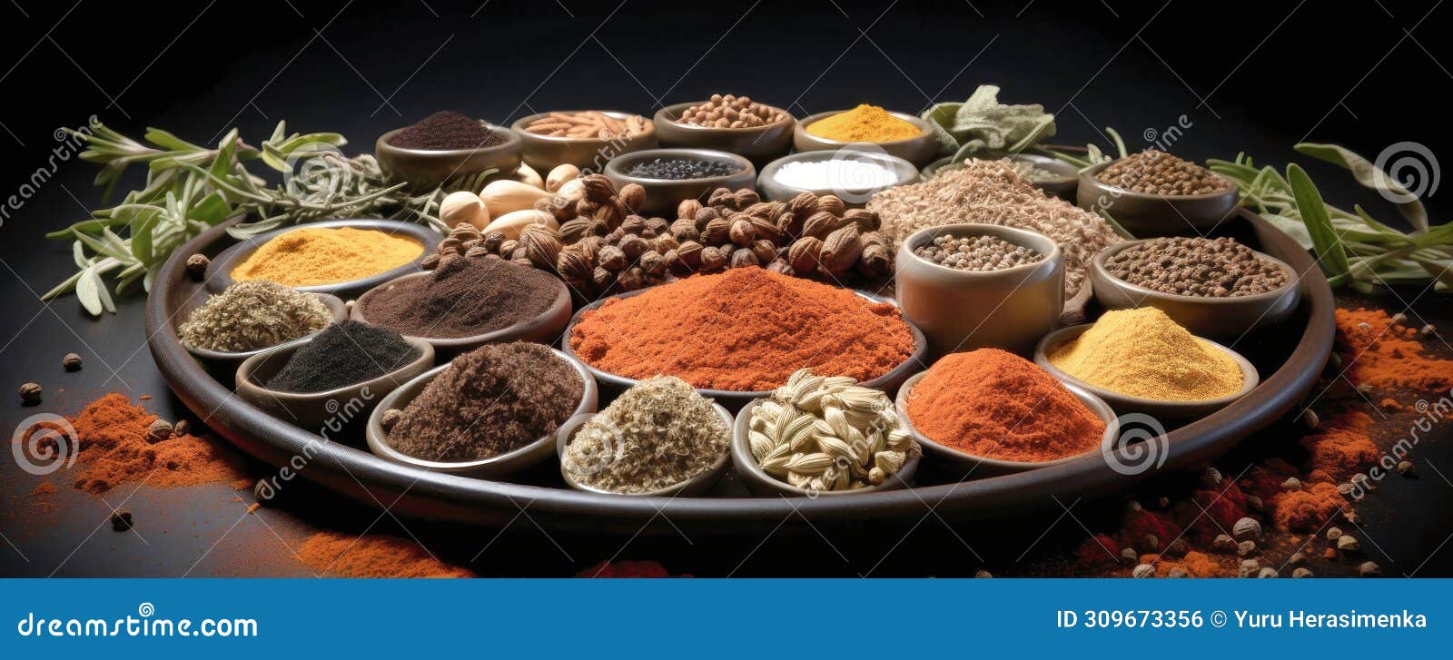 assorted spice-filled bowls arranged on a table