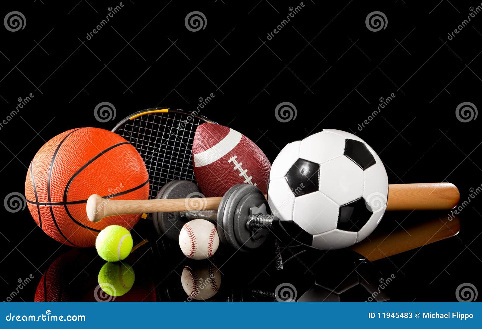 assorted sports equipment on black