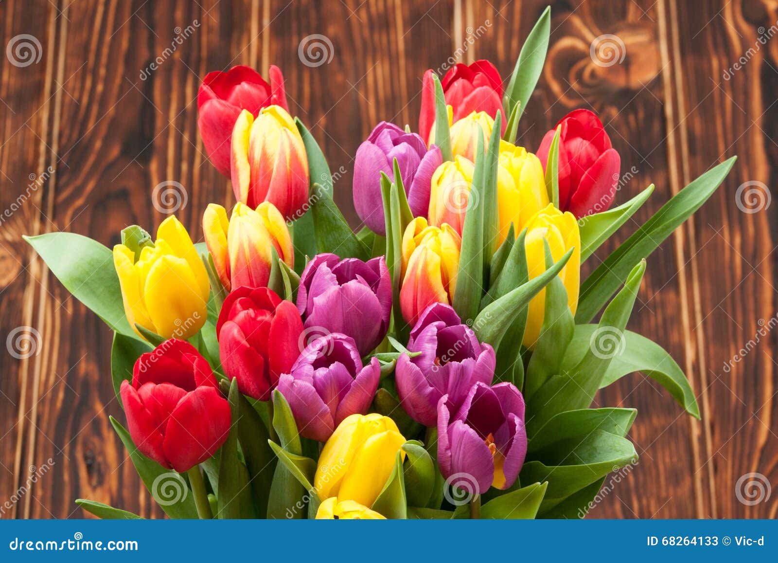 Assorted Tulips Bouquet. Burned Wooden Background. Copy Space Stock ...