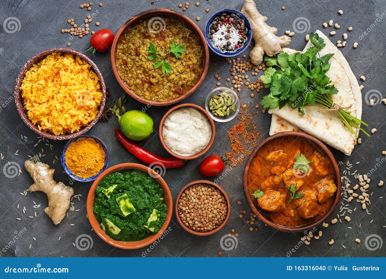 Assorted Various Indian Food On A Dark Rustic Background Traditional