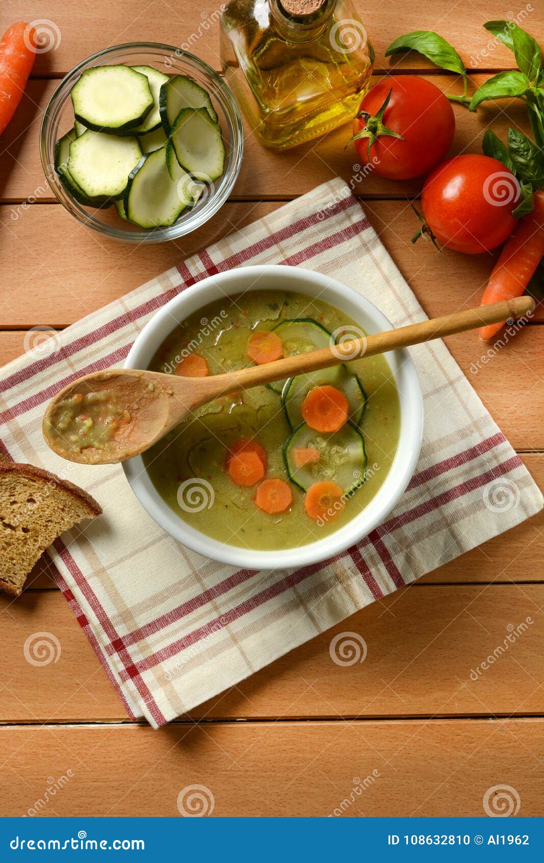 Assorted Vegetable Soup with Ingredients Around Stock Photo Image of
