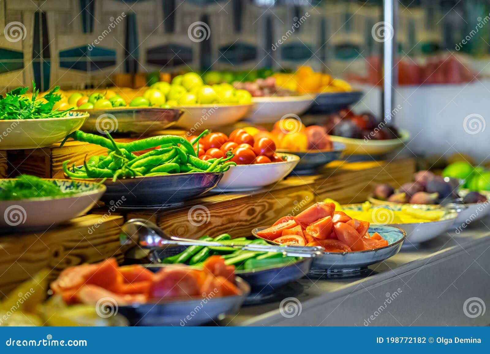 Assorted Vegetables and Fruits Buffet Catering in Hotel Breakfast Stock