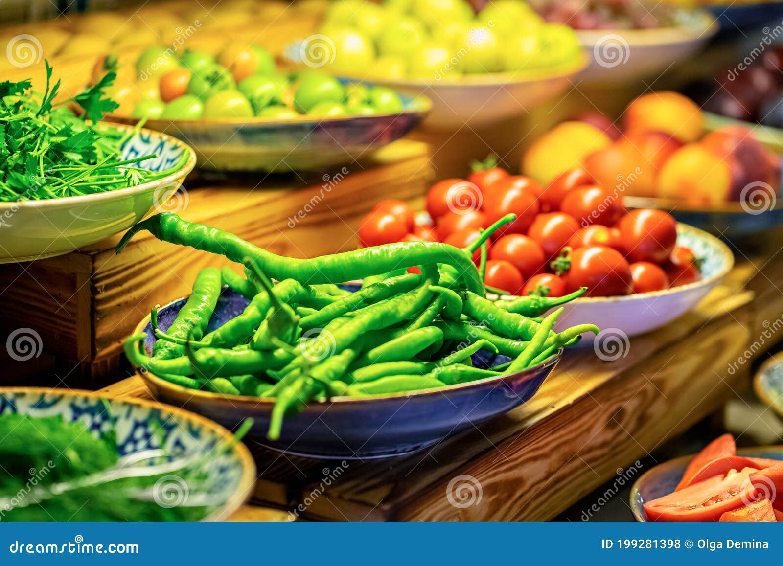 Assorted Vegetables and Fruits Buffet Catering in Hotel Breakfast Stock
