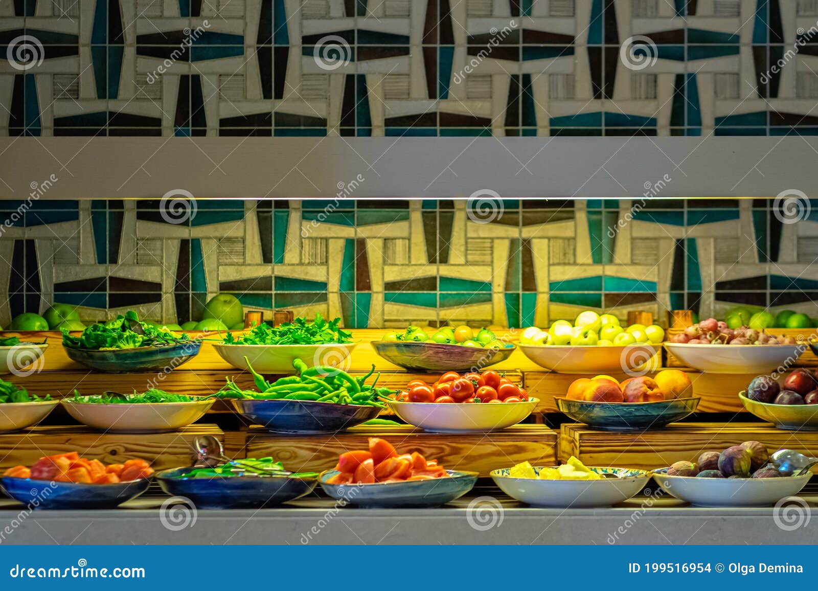 Assorted Vegetables and Fruits Buffet Catering in Hotel Breakfast Stock