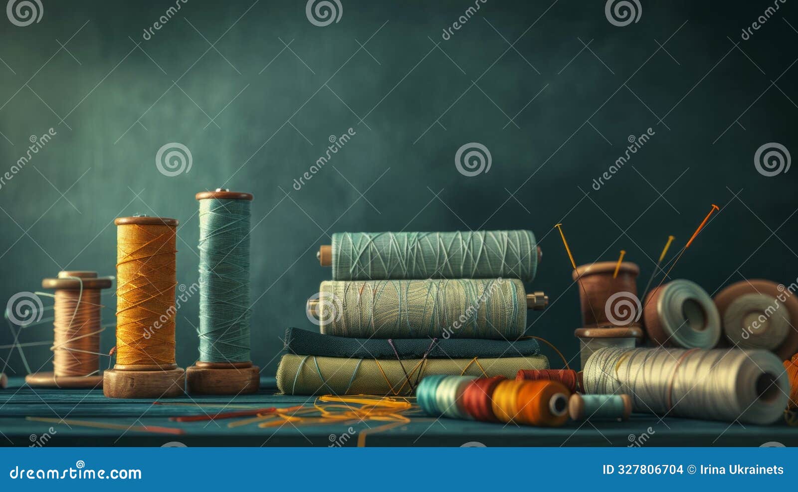 vintage spools of thread in various colors with a dark background. artistic and nostalgic. perfect for illustrating