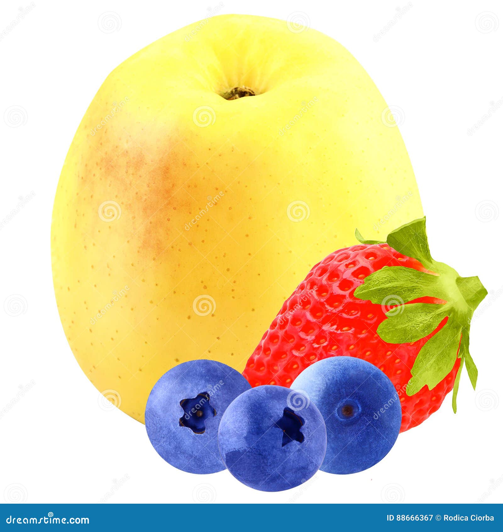 Assortment Blueberries, Strawberries and Apple Isolated on White Stock