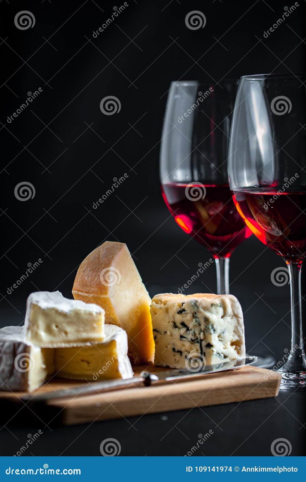 Cheese Platter and Two Glasses of Red Wine Stock Photo Image of