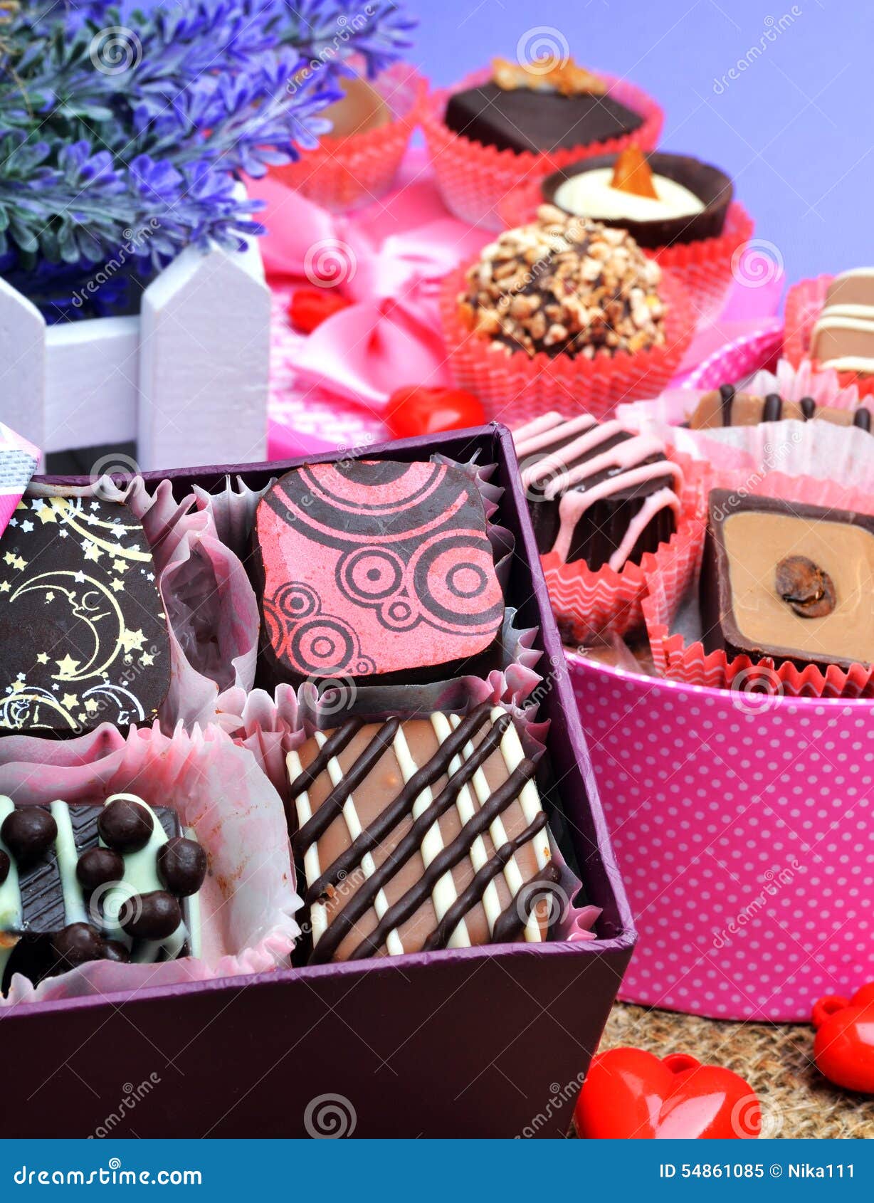 Assortment of Chocolate Sweets in Gift Boxes, Lavender Stock Image