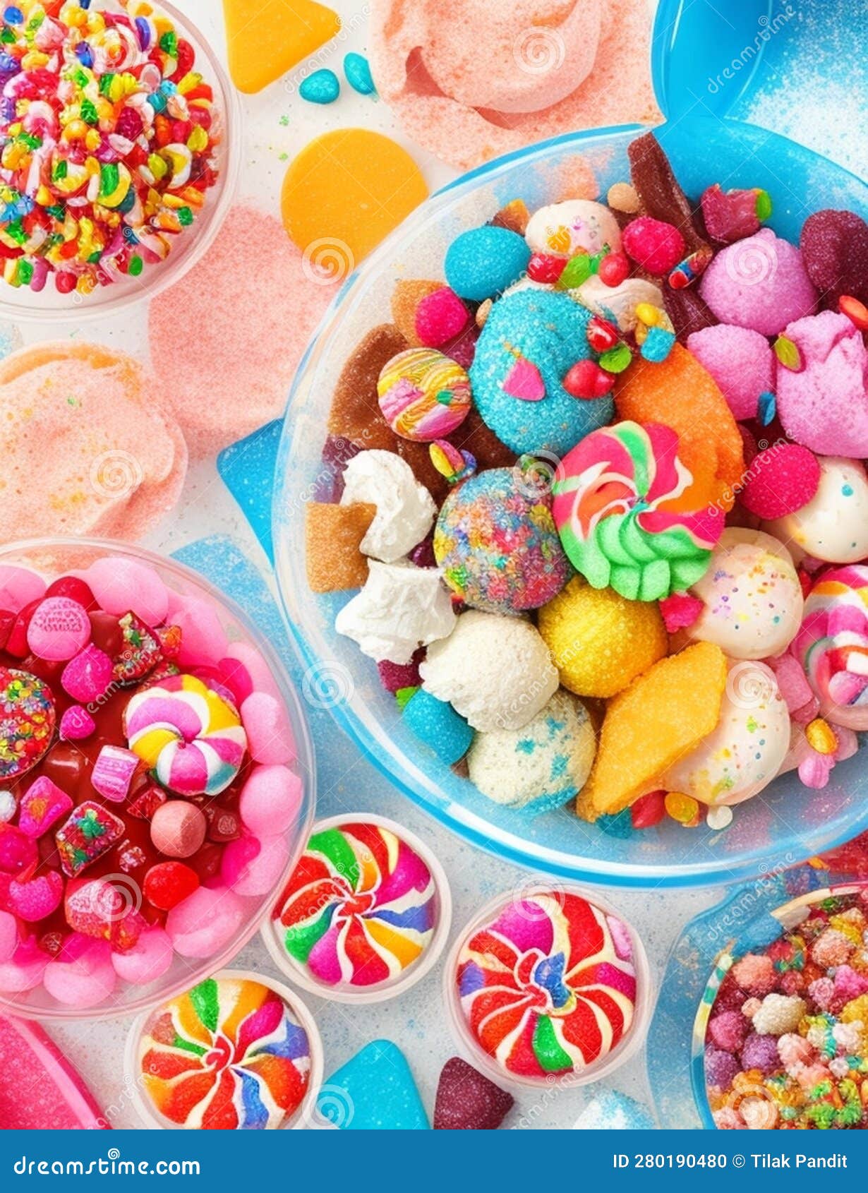 An Assortment of Colorful, Festive Sweets, Ice Cream and Candy in a Panoramic Orientation. Stock