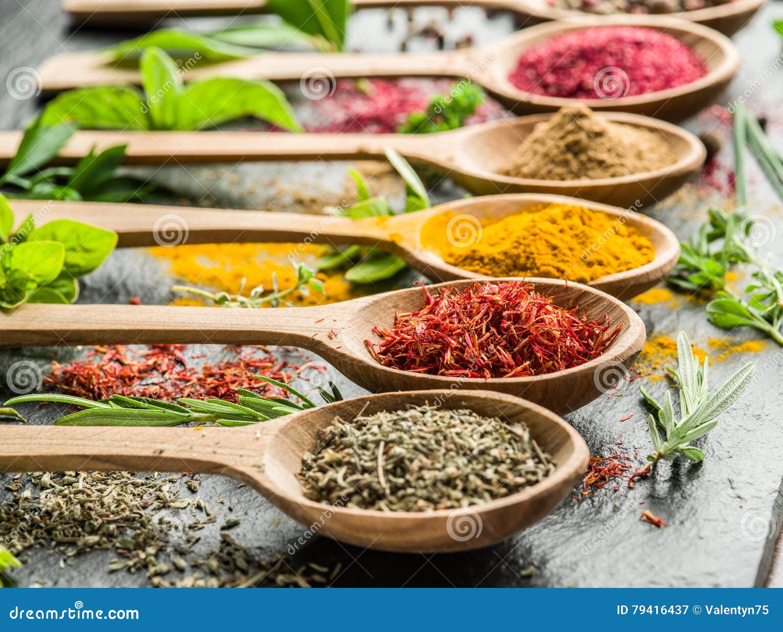 Assortment of Colorful Spices in a Wooden Spoons. Stock Image Image