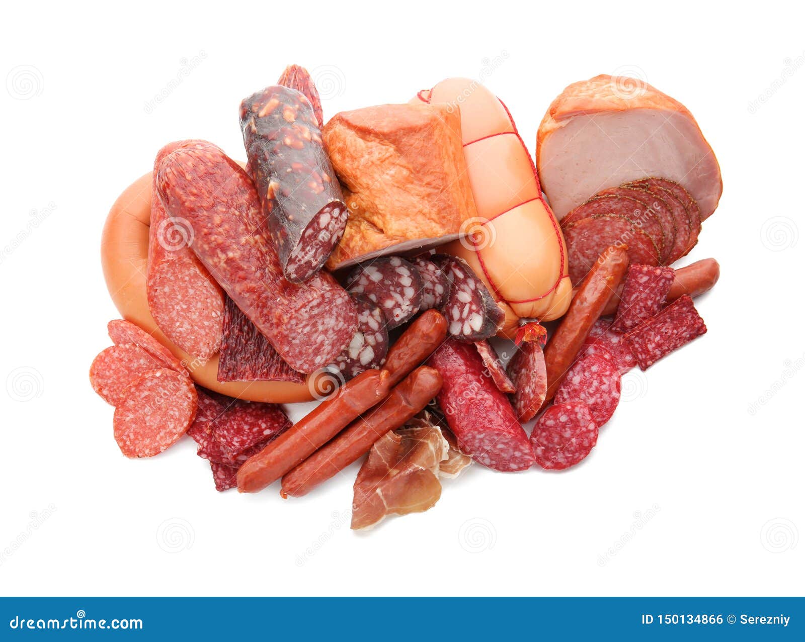 assortment of delicious deli meats on white background