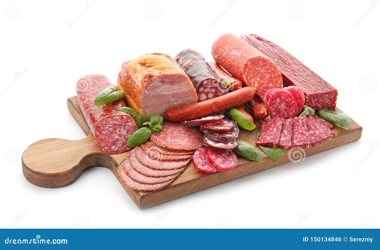 assortment of delicious deli meats on wooden board,  on white