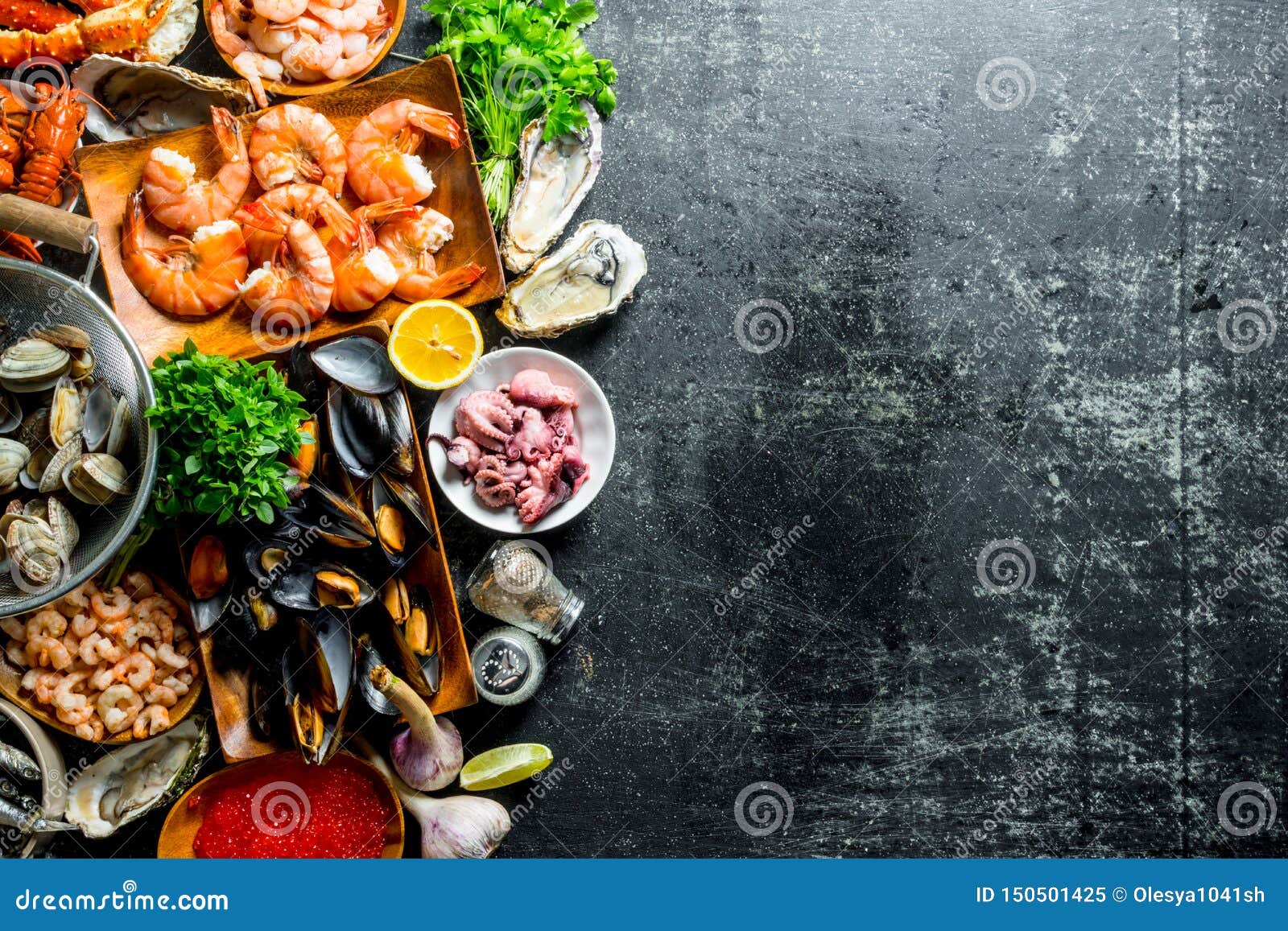 Assortment of Different Seafood with Garlic, Herbs and Spices Stock