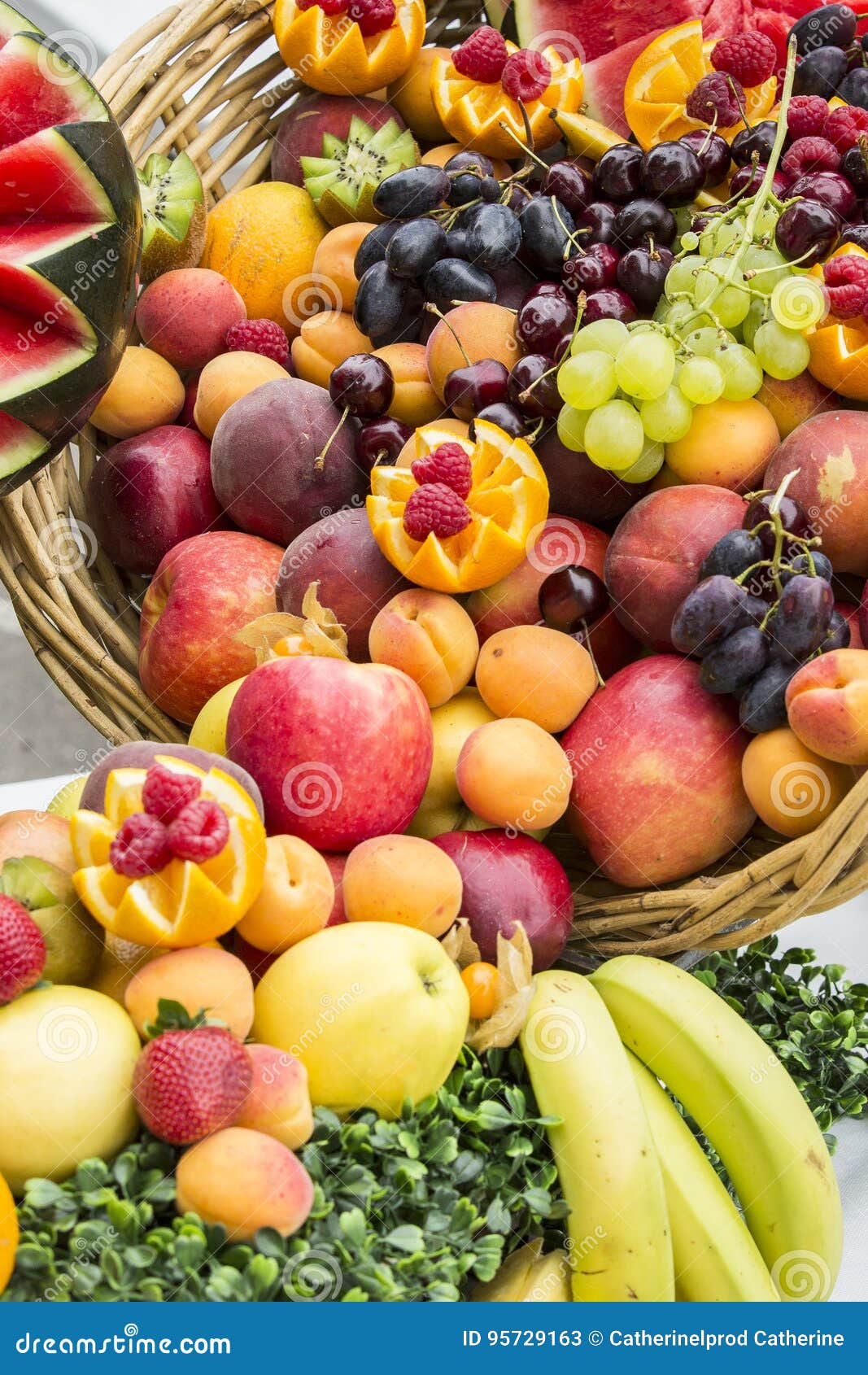 Assortment of Fresh Fruits in Baskets Stock Image Image of background