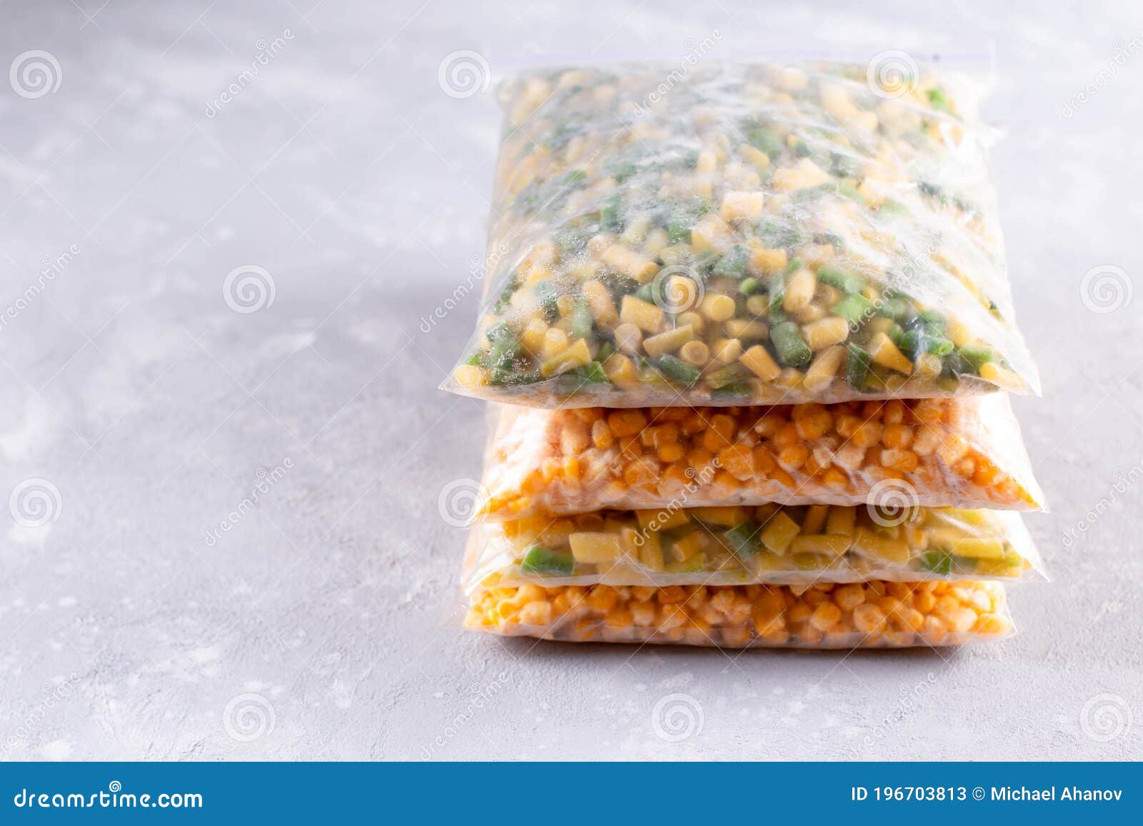 Assortment of Frozen Vegetables in a Plastic Bag, Copy Space Stock
