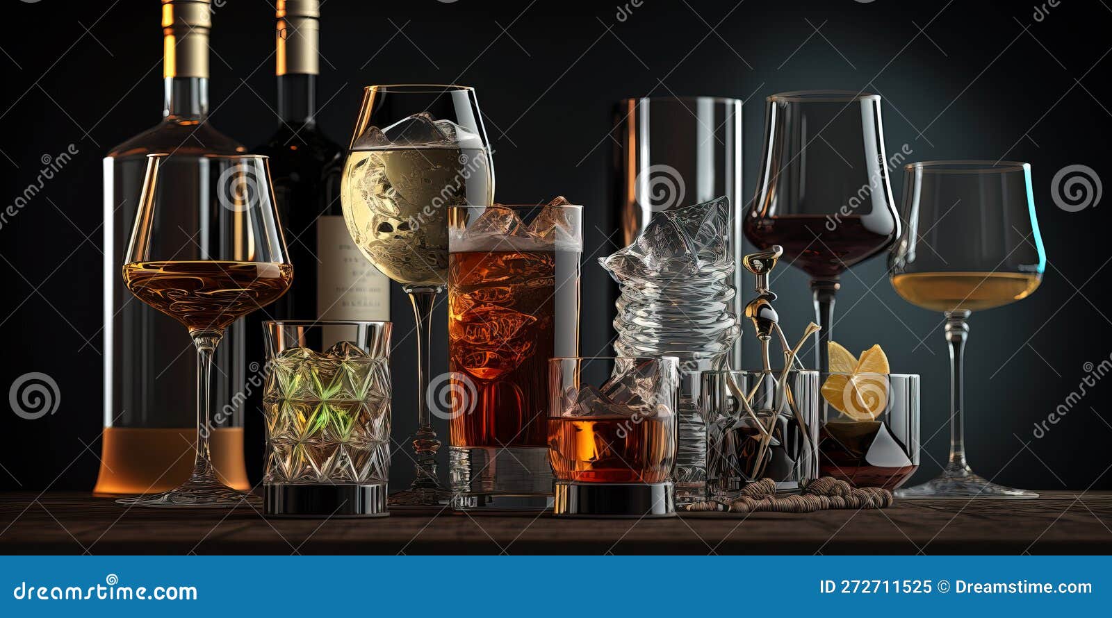 Assortment of Hard Strong Alcoholic Drinks and Spirits. Generative AI