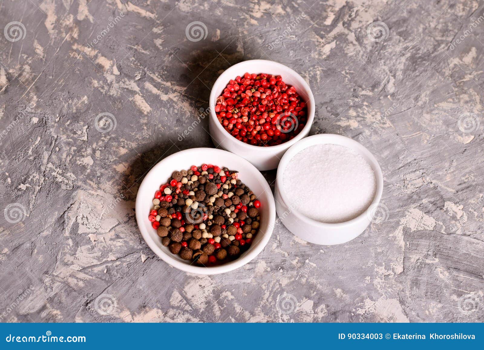 Assortment of Pepper and Salt in Bowls, Closeup, Horizontal Stock Image
