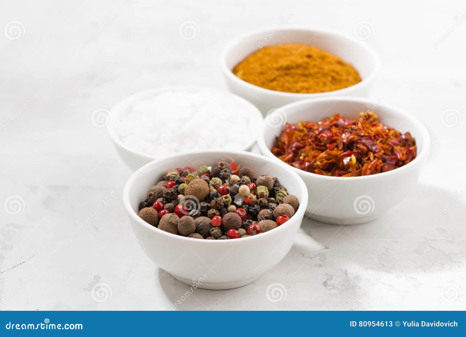 Assortment of Pepper, Salt and Spices in Bowls Stock Image Image of