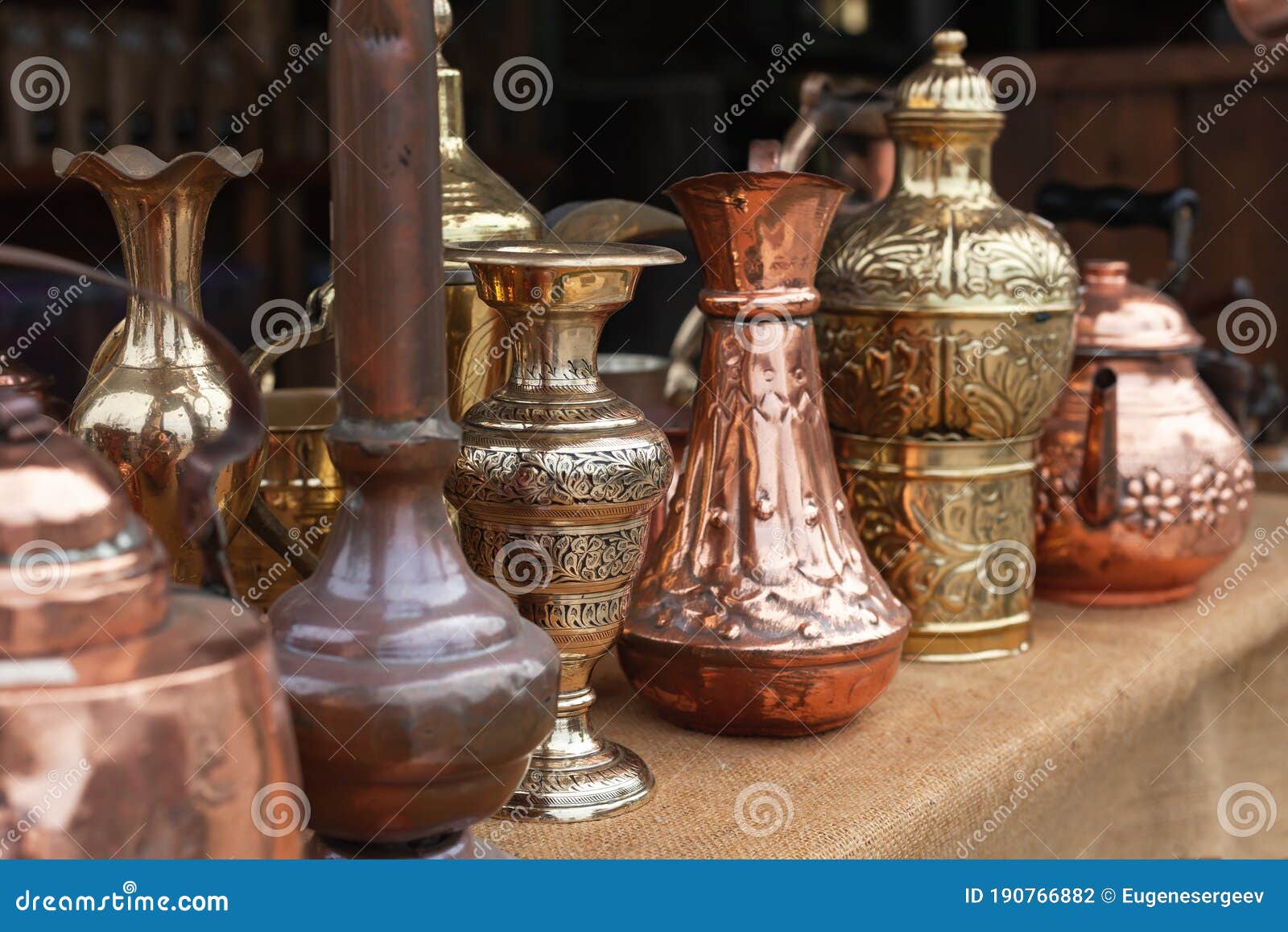 Assortment of Stylized Oriental Copper Dishware Stock Photo Image of