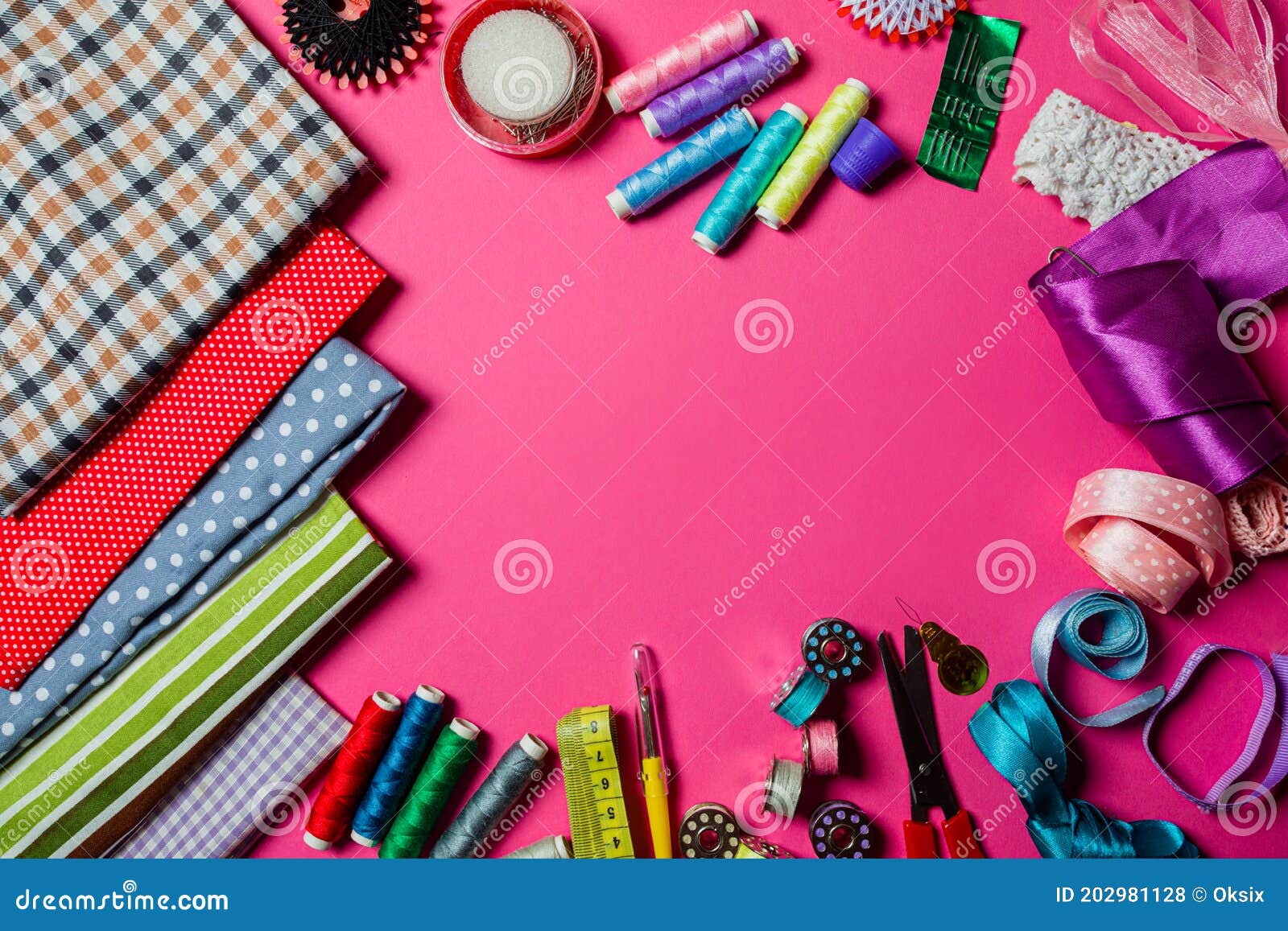 Assortment of Tools for Dressmaking and Sewing Hobby Stock Photo