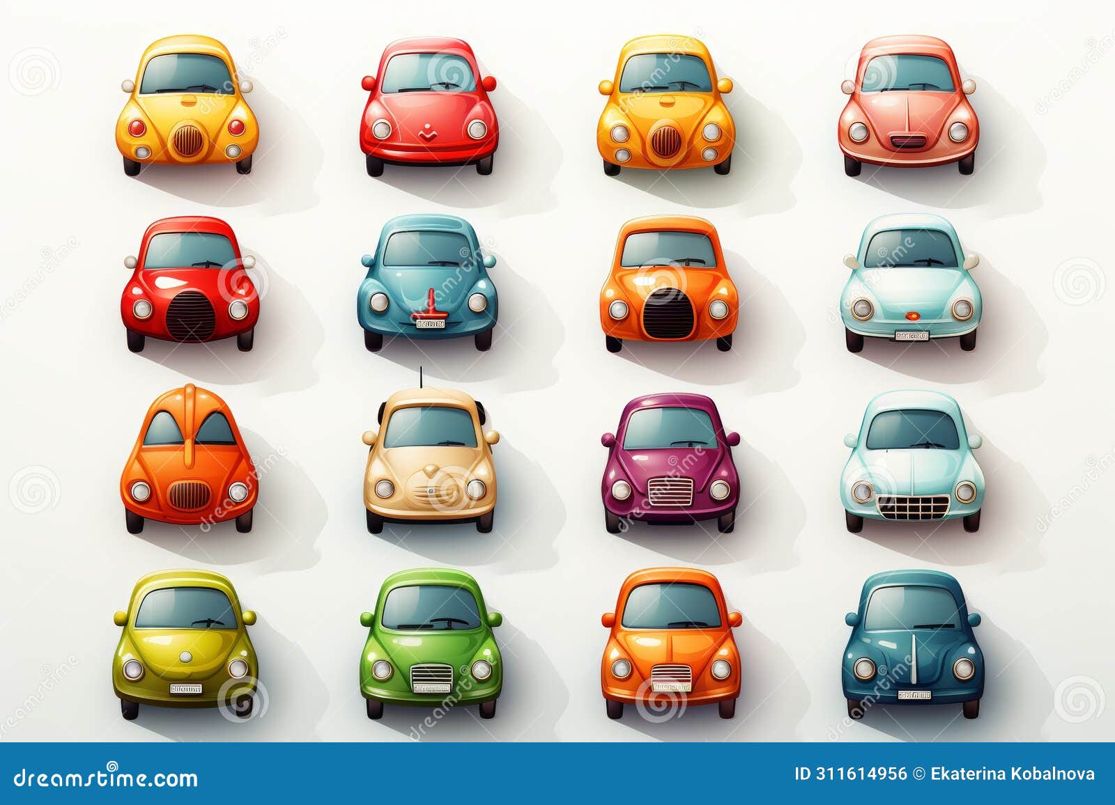 assortment of vibrant and colorful toy car icons on a clean white background available for purchase