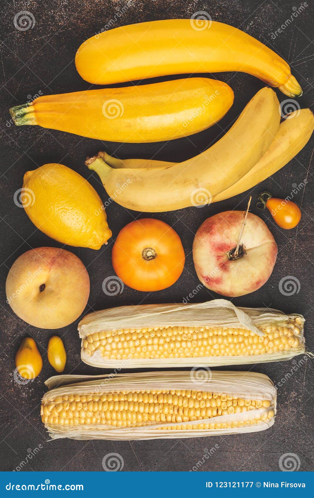 Assortment Of Yellow Vegetables On Dark Background, Top View. Fr Stock ...