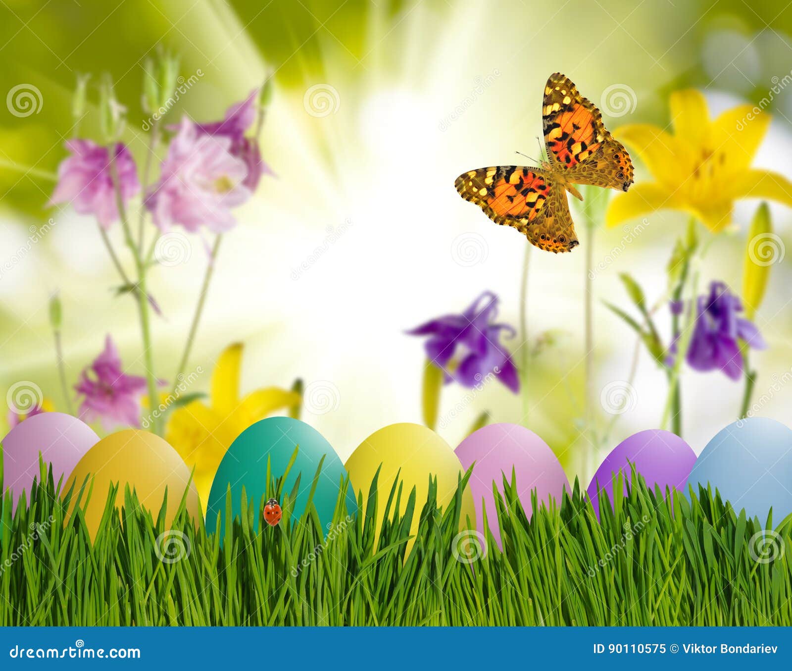 Aster Eggs in Grass, Butterfly on Sky Background and Flowers Stock