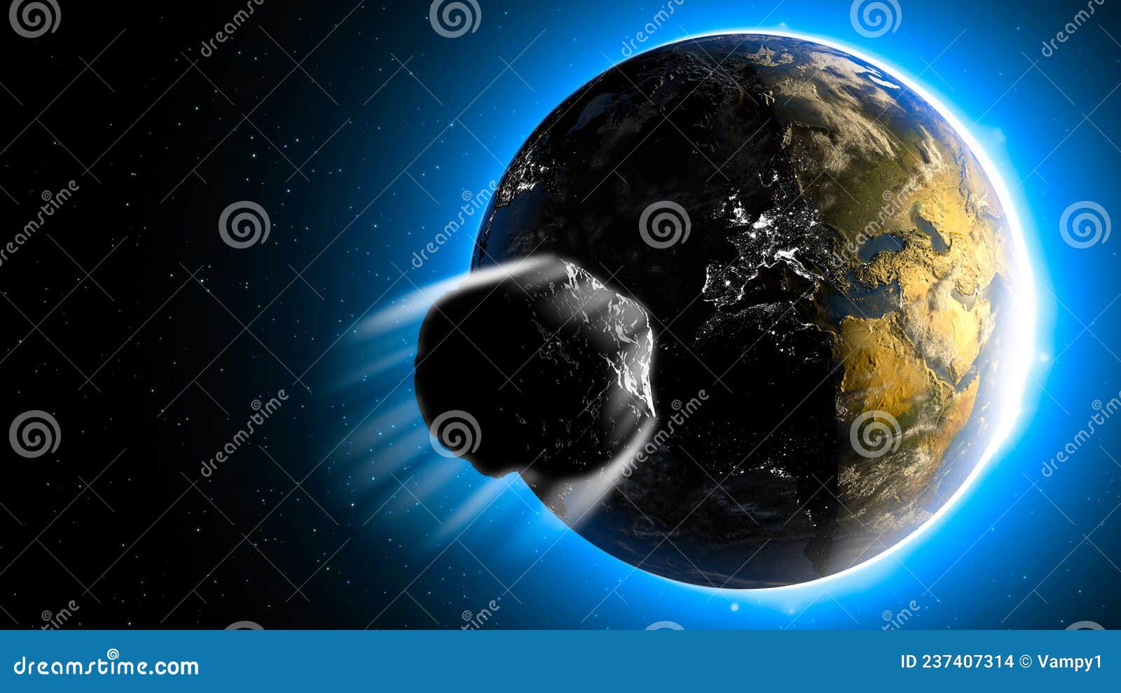 asteroid, meteorite hitting the earth. earth`s atmosphere crossed by a meteorite. collision course