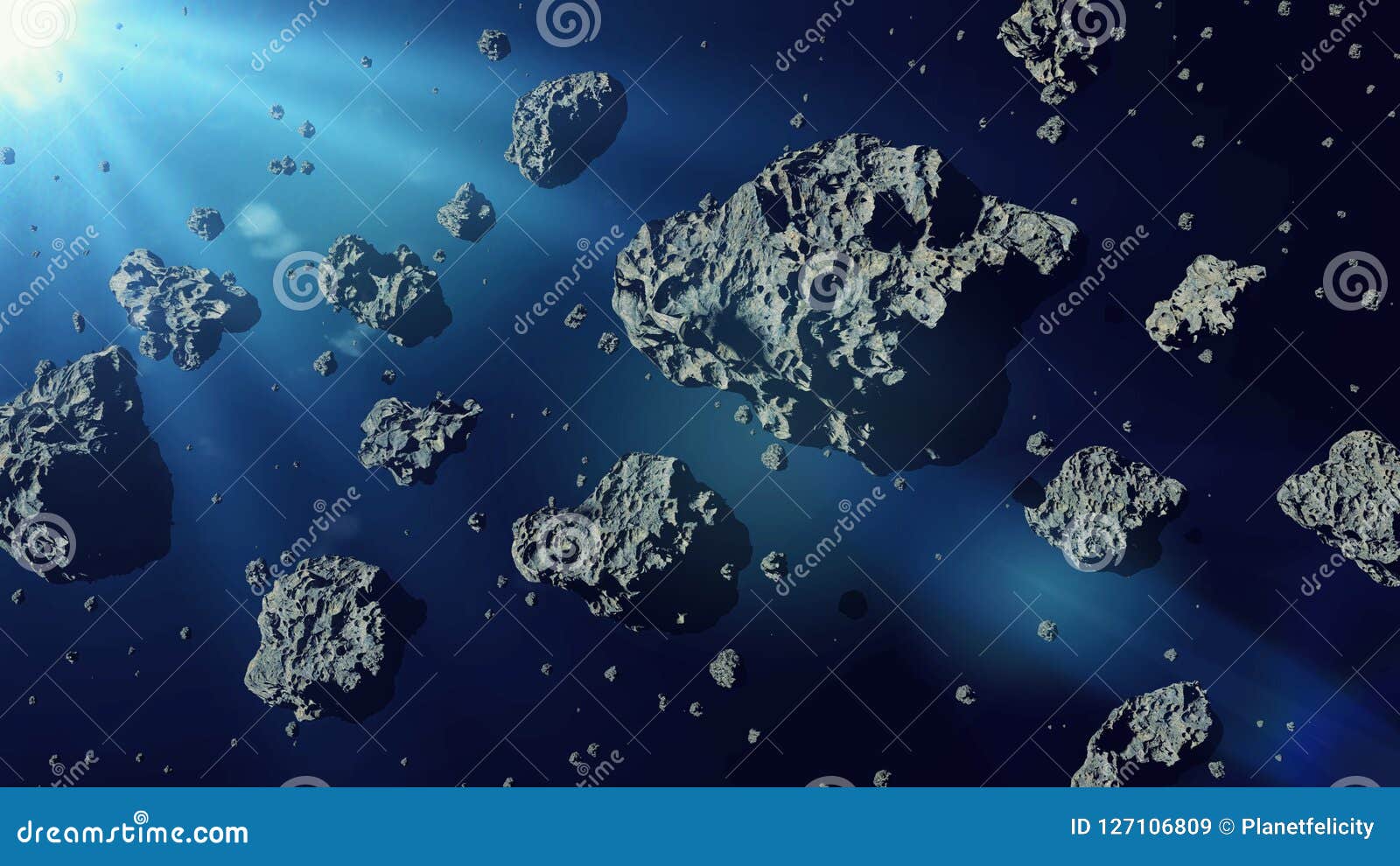 a group of asteroids lit by the sun, asteroid belt space scene 3d rendering