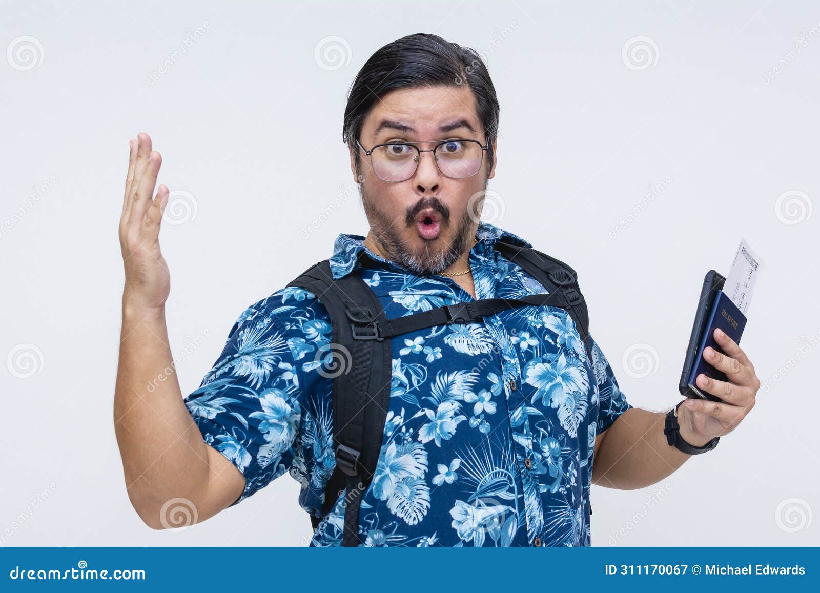 astounded male tourist in hawaiian shirt exclaiming ooh while holding a us passport and boarding pass,  on a white