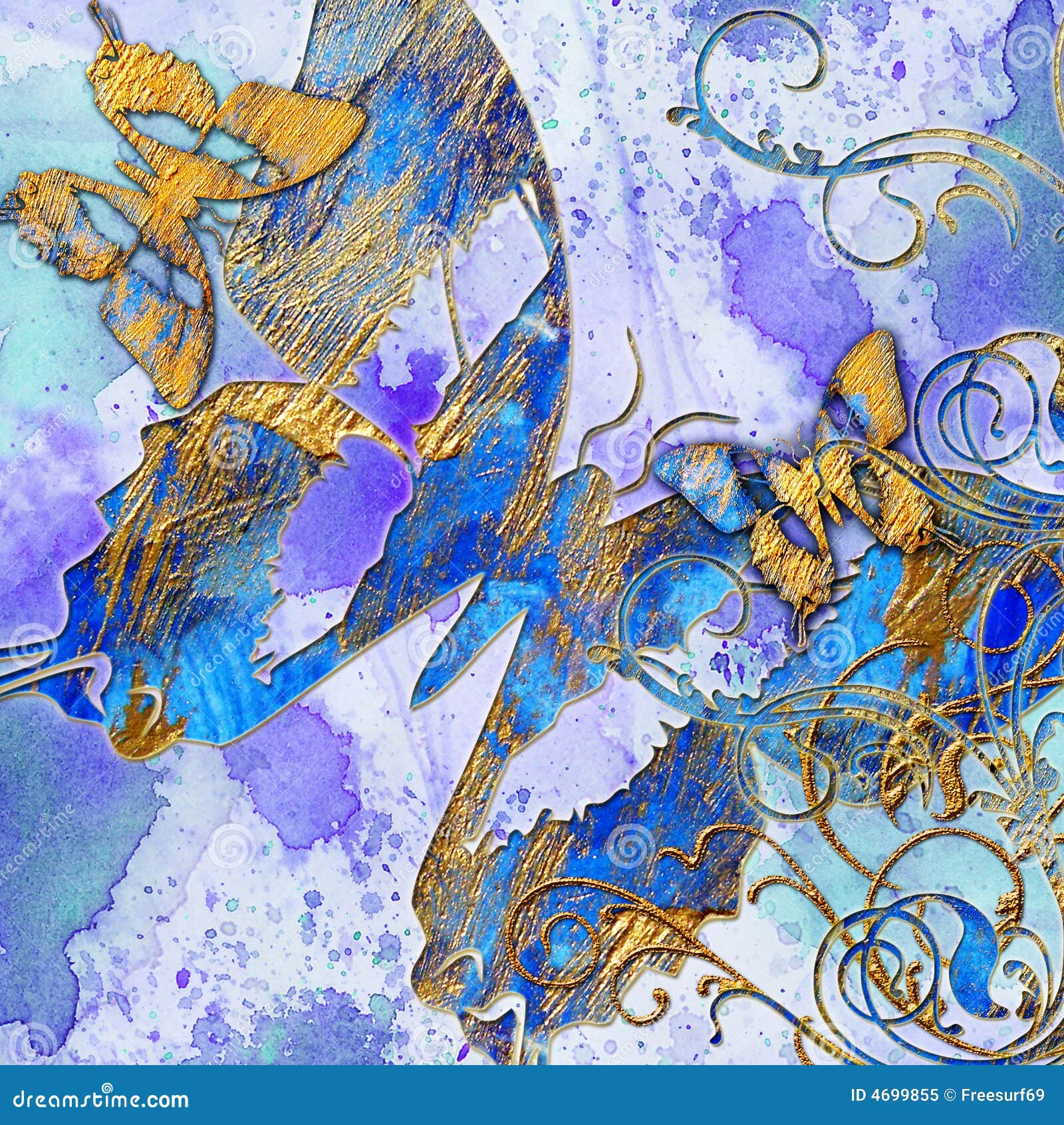 Astrazione blu. Priorità bassa artistica nei colori golde-blu con le farfalle