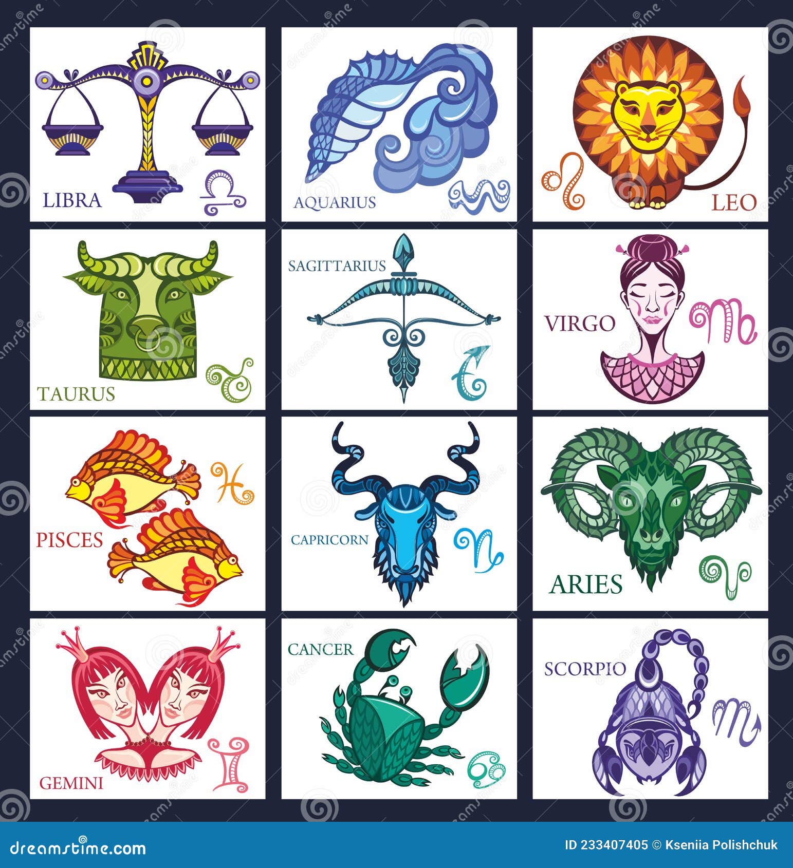 Astrological Zodiac Signs. Aries, Taurus, Leo and Gemini Horoscope, Virgo,  Scorpio, Libra, Aquarius Zodiac, Sagittarius, Pisces, C Stock Vector -  Illustration of horoscope, cosmos: 233407405