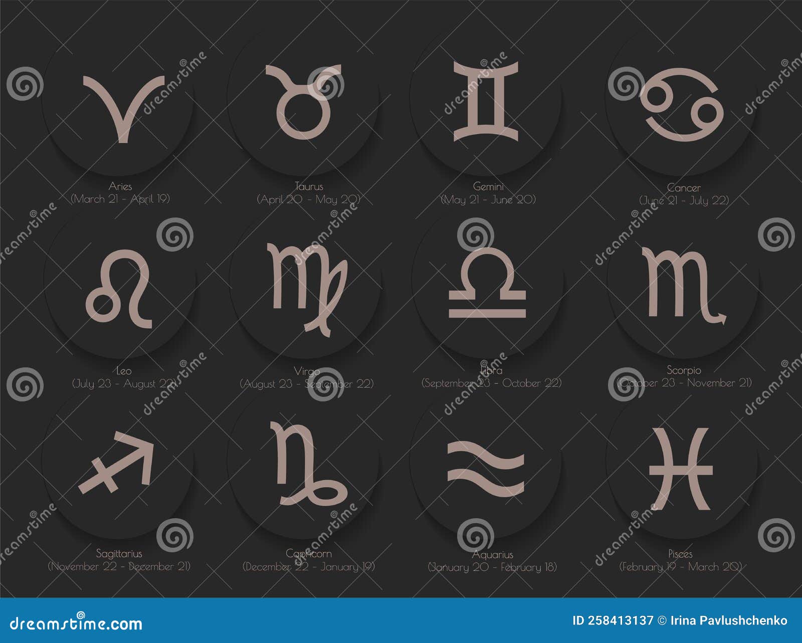 Astrological Zodiac Signs Twelve Constallation Simbols with Dates Flat ...