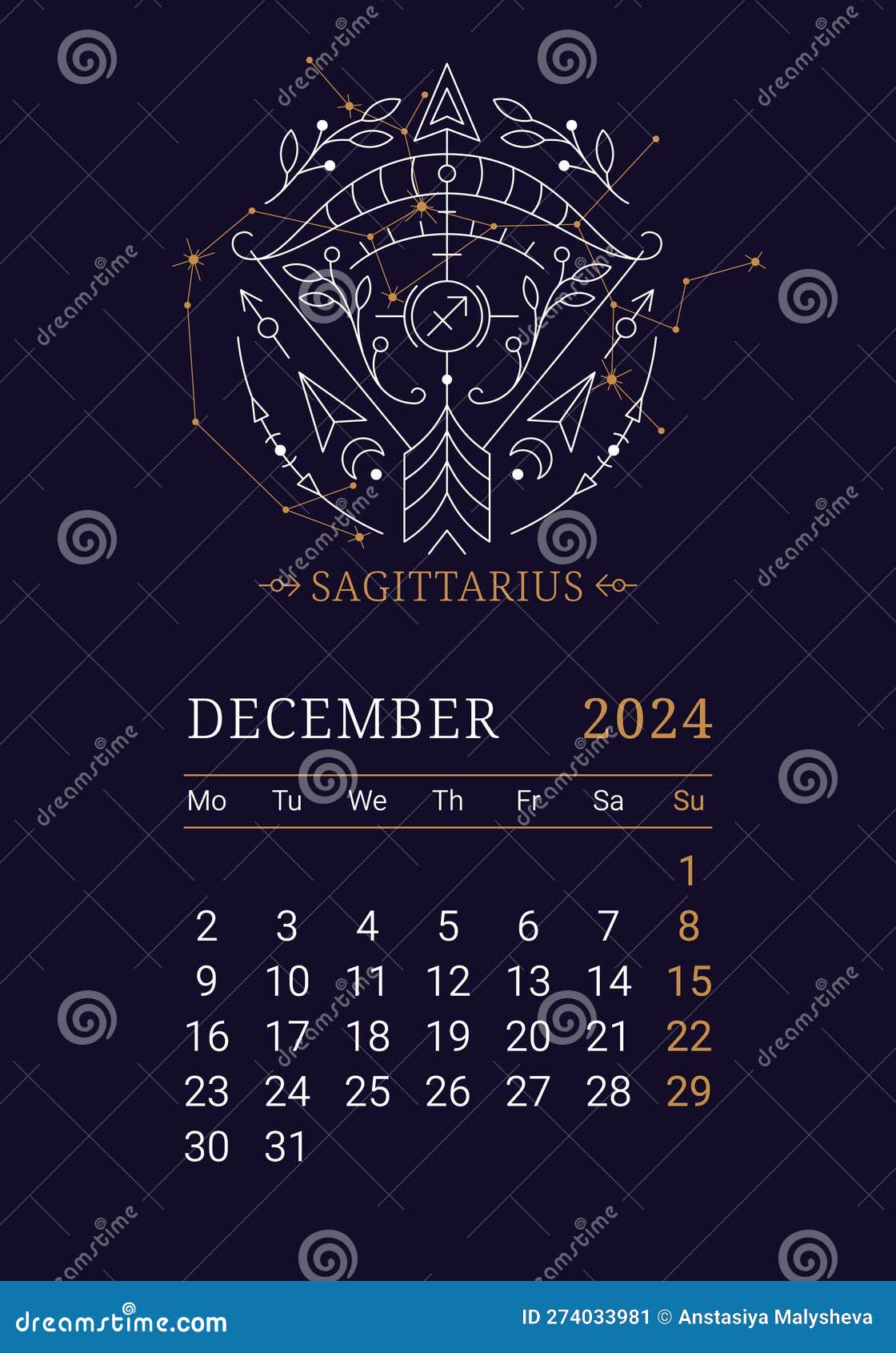 2024 Astrology Wall Monthly Calendar with Sagittarius Zodiac Sign Stock
