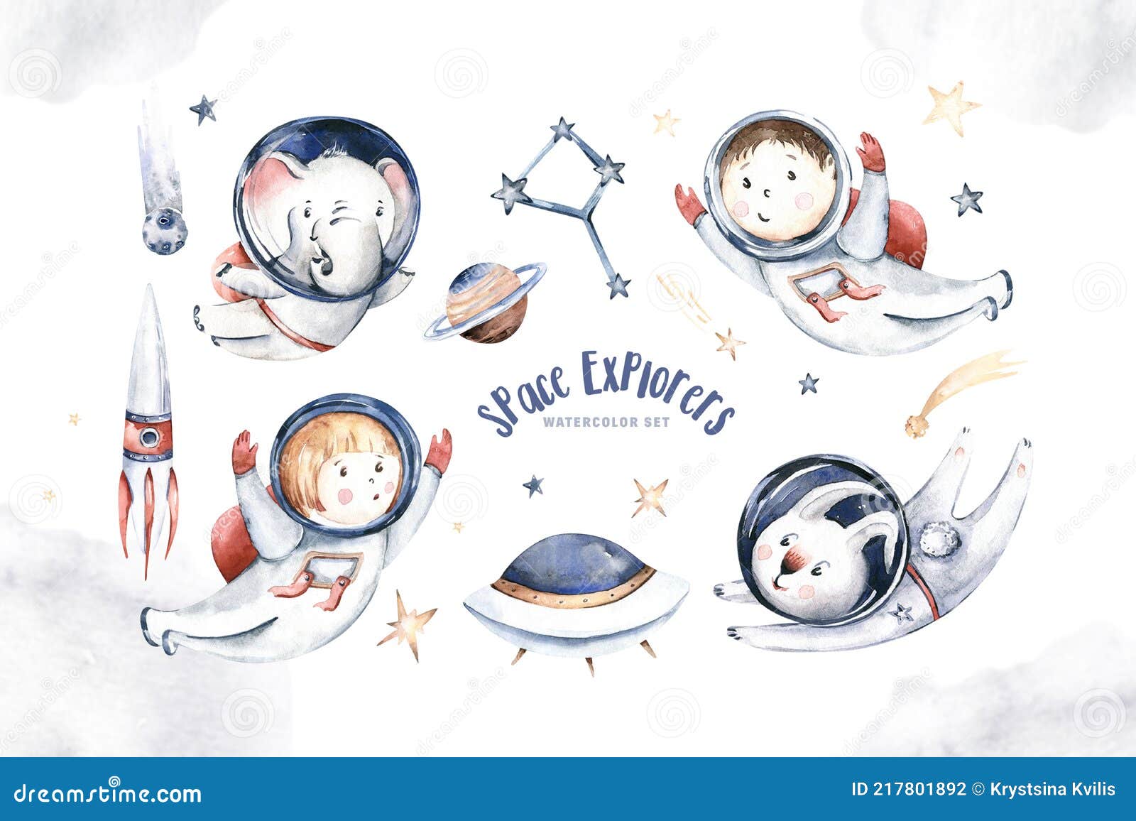 astronaut baby boy girl elephant, fox cat and bunny, space suit, cosmonaut stars, planet, moon, rocket and shuttle