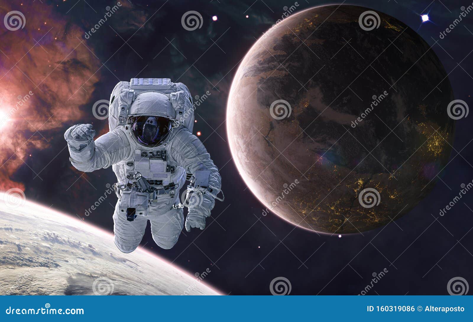 astronaut on background of a colonized planet. planets of deep space in warm starlight. science fiction