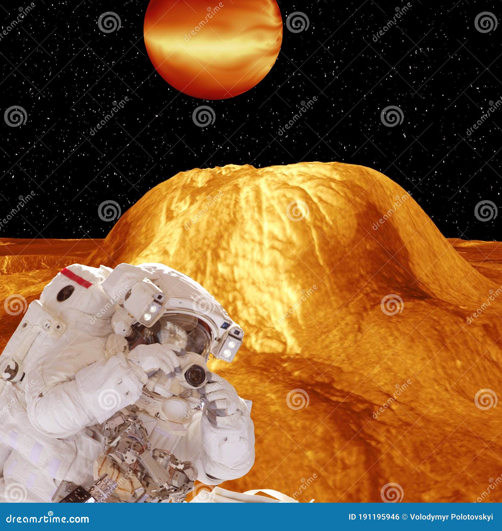 astronaut with camera and far planet. space mission. the s of this image furnished by nasa