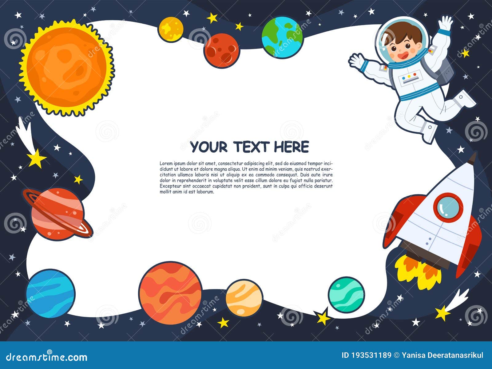 Astronaut In Cosmos With Spaceship Stars And Planets Spaceman In Galaxy Space Scenes Stock Vector Illustration Of Planet Design