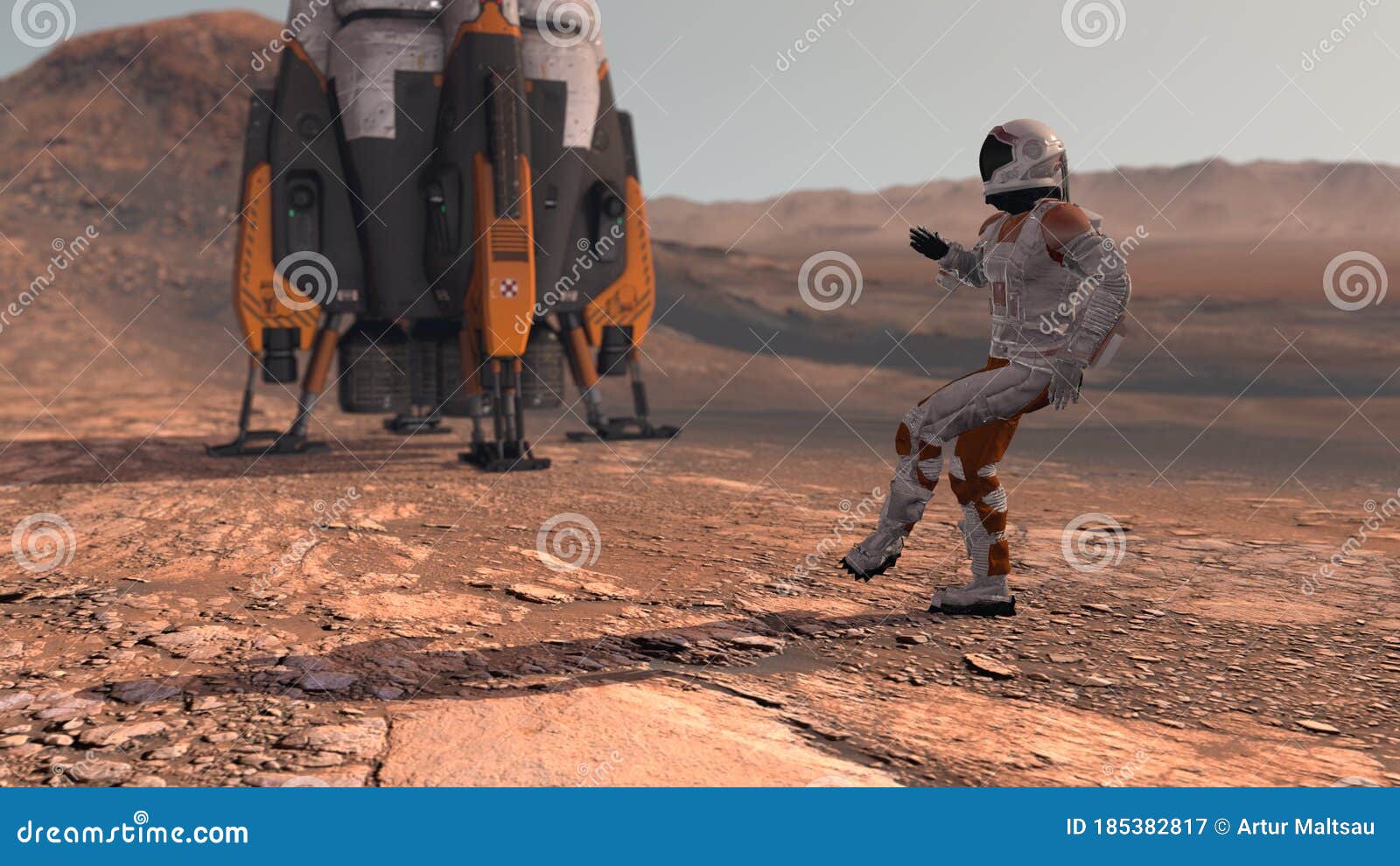 astronaut dancing on mars red planet. exploring mission to mars. futuristic colonization and space exploration concept. colony on