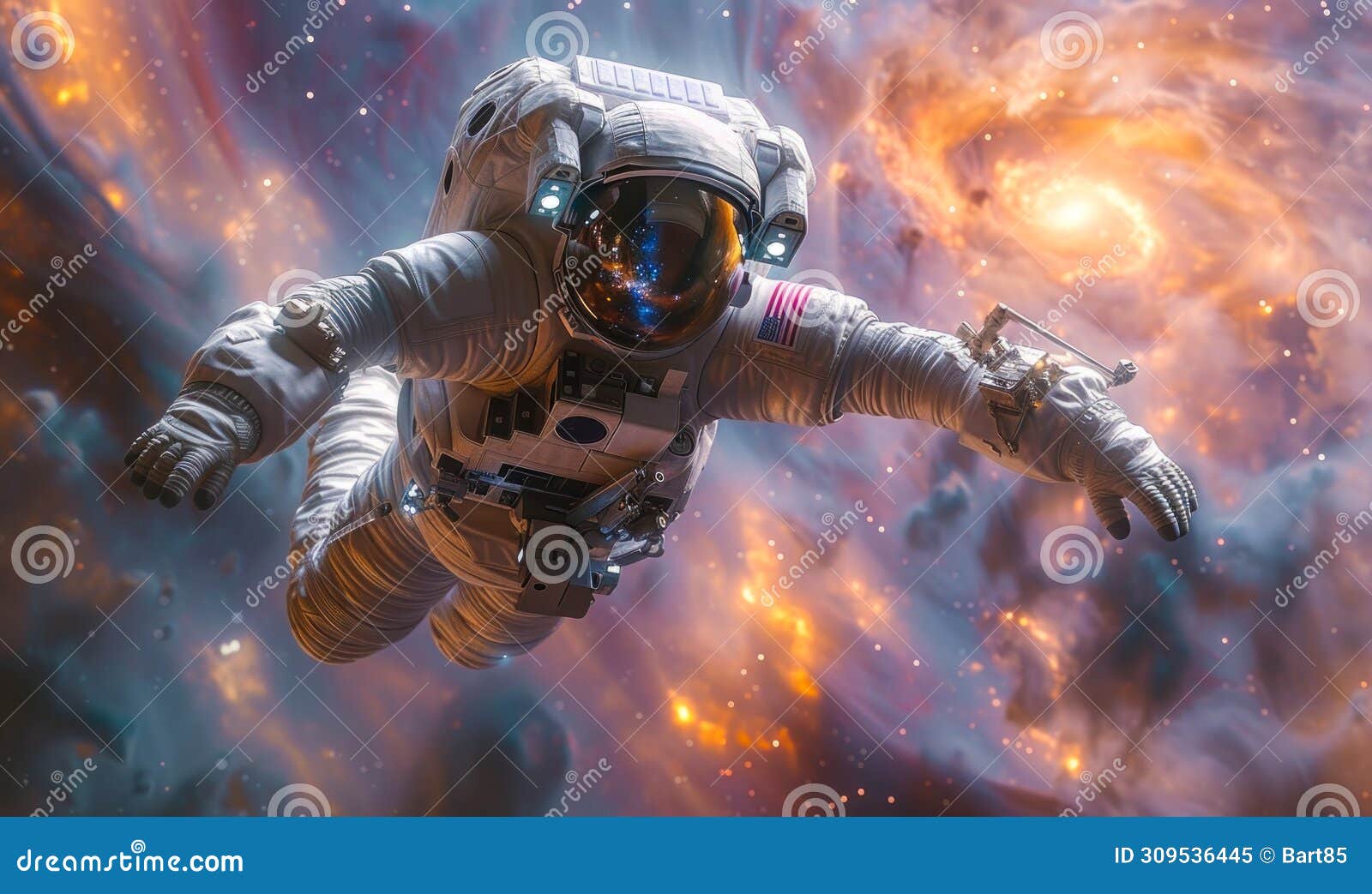astronaut drifting in cosmic space near a swirling galaxy and a vibrant nebula with a surrealistic wormhole backdrop