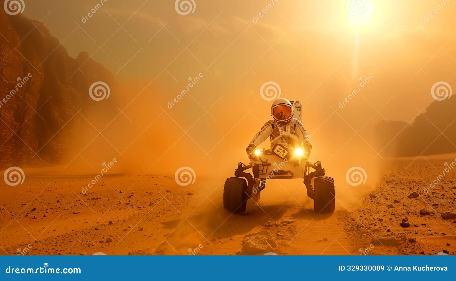 astronaut driving a rover on mars with dust clouds and rocky terrain