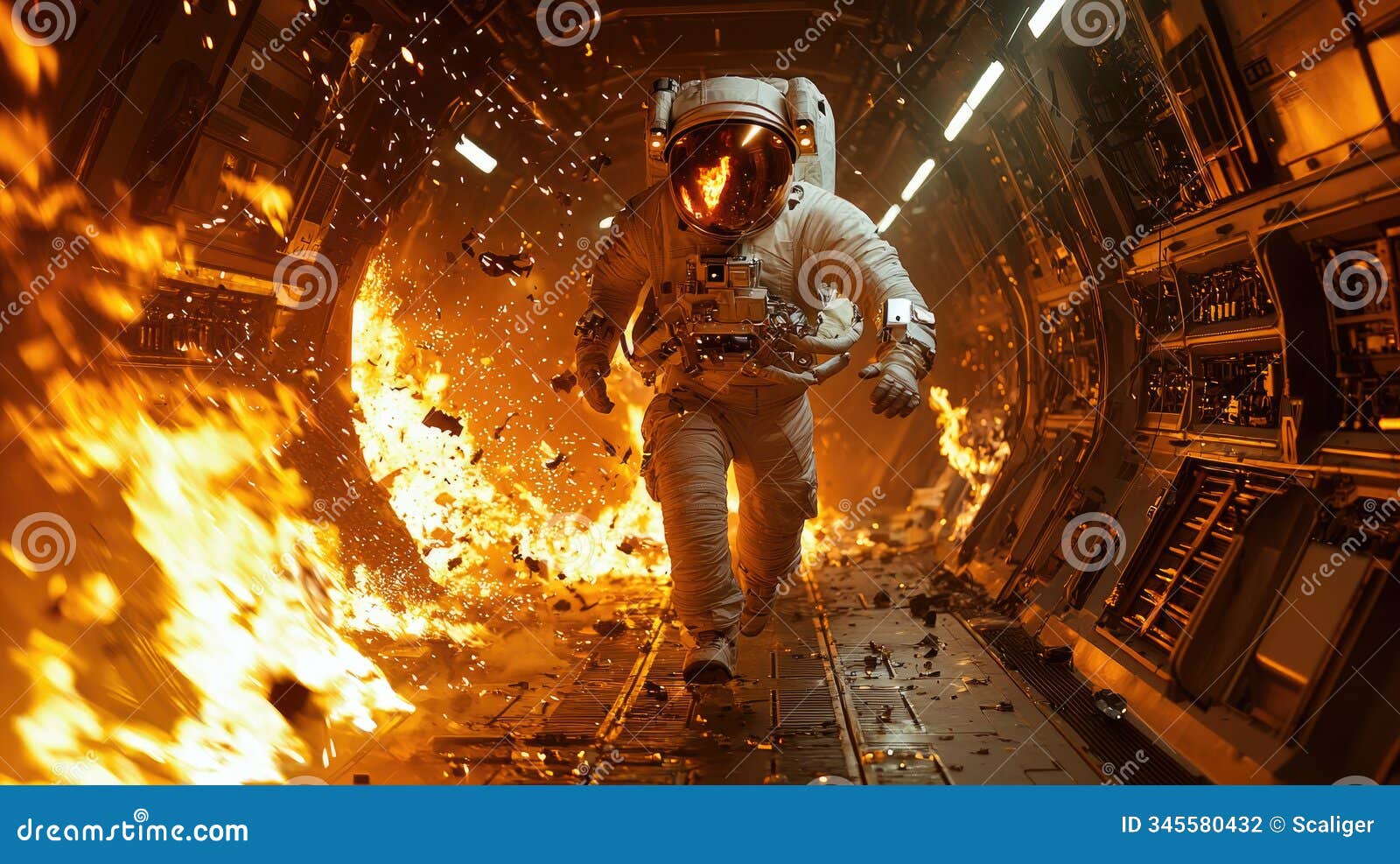astronaut escaping fire in spaceship like in sci-fi movie, spaceman runs down corridor at spacecraft or space station during crash